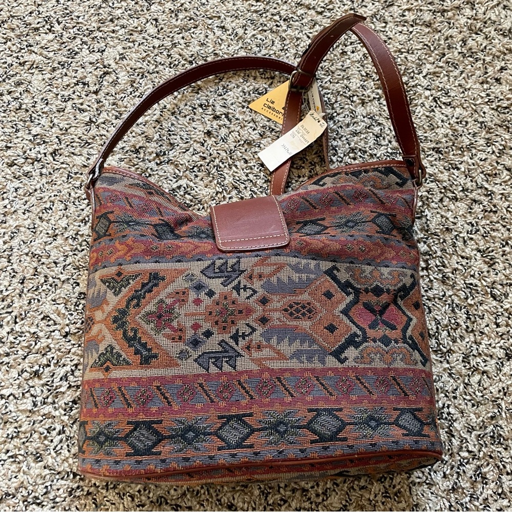 NWT vtg Liz Claiborne Southwestern & Kilim tapestry bucket bag leather trim - Picture 9 of 16